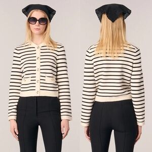 Maje Wool Blend Stripes White Black Crewneck Long Sleeve Cardigan FR 3 US M